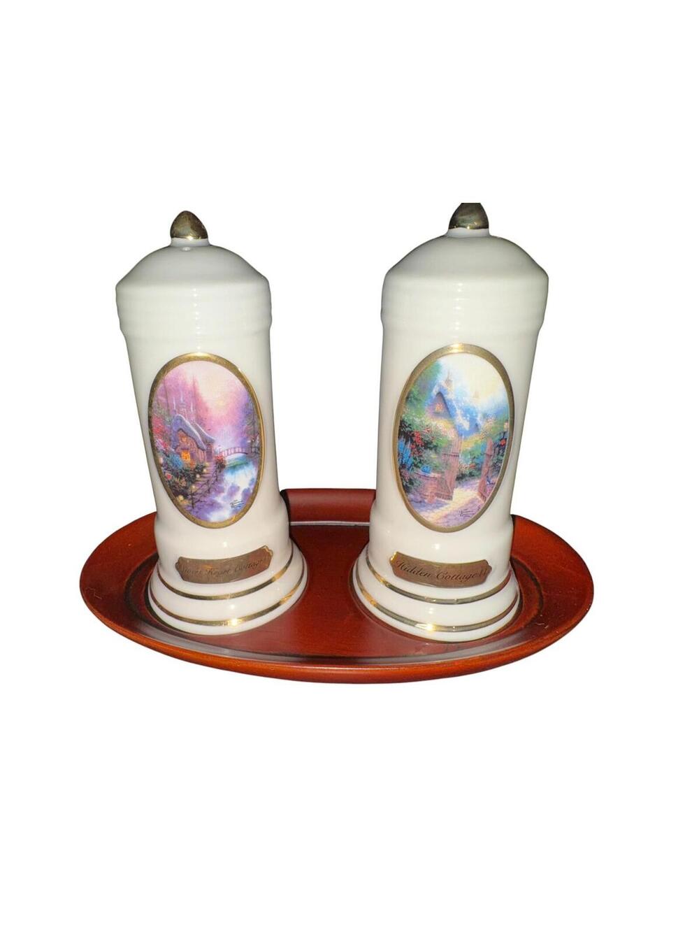 Thomas Kinkade Avon China Salt and Pepper Shakers with Tray Cottage Art Set - Picture 3 of 12